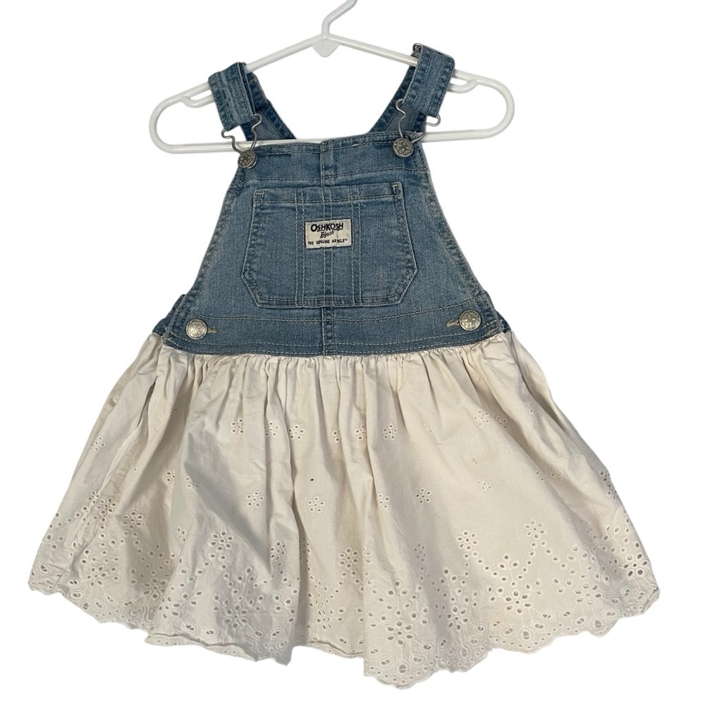 Oshkosh BGosh Jumper Dress Girls 3T Blue White Eyelet Denim Casual Play Party